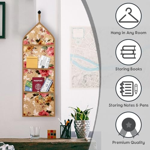 Image of Urbane Home Paper Holder | Foldable Hanging Organizer | PVC Flower Design Document Holder | Wall Hanging Organizer with 3 Pocket | Pack of 2 | Beige