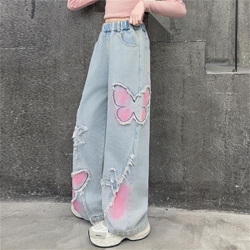 Kids Girls Baggy Jeans Butterfly Y2k Streetwear Wide Leg Elastic High Waist Denim Pants Teen Cute Distressed Trousers2