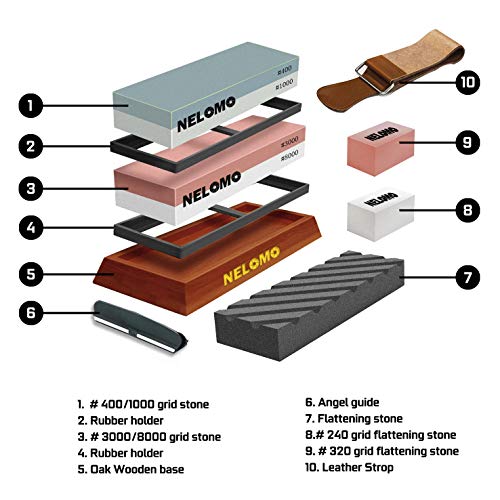 Whetstone, NELOMO Knife Sharpening Stone Set 400/1000 3000/8000 Grit 4 Side Knife Sharpener Stone Wet Water Stone Kit with Non-Slip Oak Base Leather Strop Angle Guide Flattening Stone