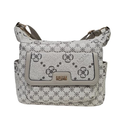 COVERI COLLECTION Bolso de mujer de ecopiel estampada, correa ajustable de tela personalizada, dimensiones 28 x 10 x 20 cm, Art 8036-6 bolsillos múltiples, Beige/Apricot