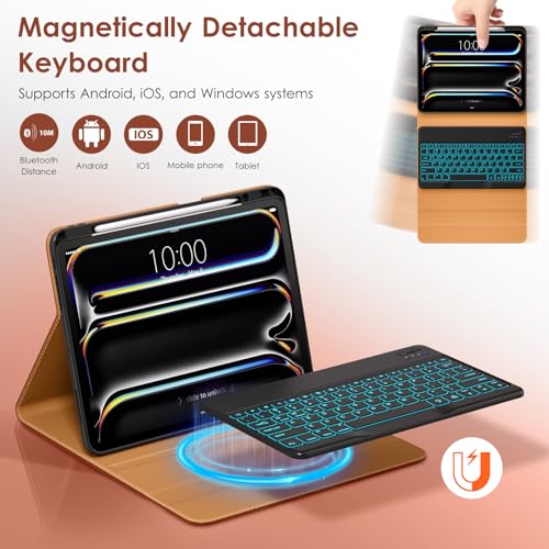 Image of DTTO for iPad Pro 13 Inch Case with Keyboard M5 /M4 2025 /2024, 7 Colors Backlit Wireless Detachable Keyboard Premium Leather Folio Cover with Pencil Holder & Pocket, Brown