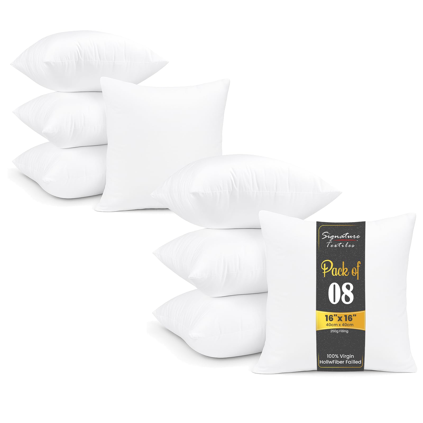 White Signature Textiles® Cushion Inserts Hypoallergenic Fluffy Cushion Inner Perfect Hollowfibre For Sofa Cushion Pads 16"X16" Pack Of 8