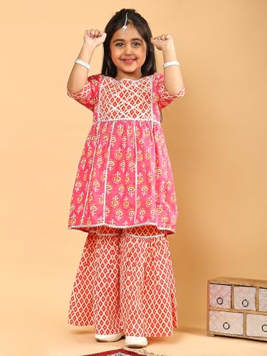 Image of superminis Baby Girl's Cotton Sanganeri /Floral Printed Frock Style Kurti With Printed Sharara Dress Clothing Set