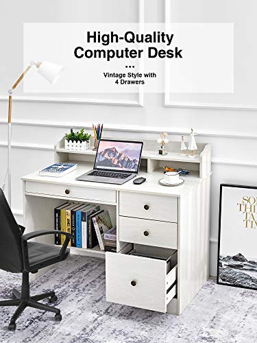 Kealive Computer Desk with 4 Drawers and Hutch Shelf, Wood Frame Home Office Desk with Spacious Desktop, Vintage Style Writing Study Table PC Laptop Notebook Desk, White Oak