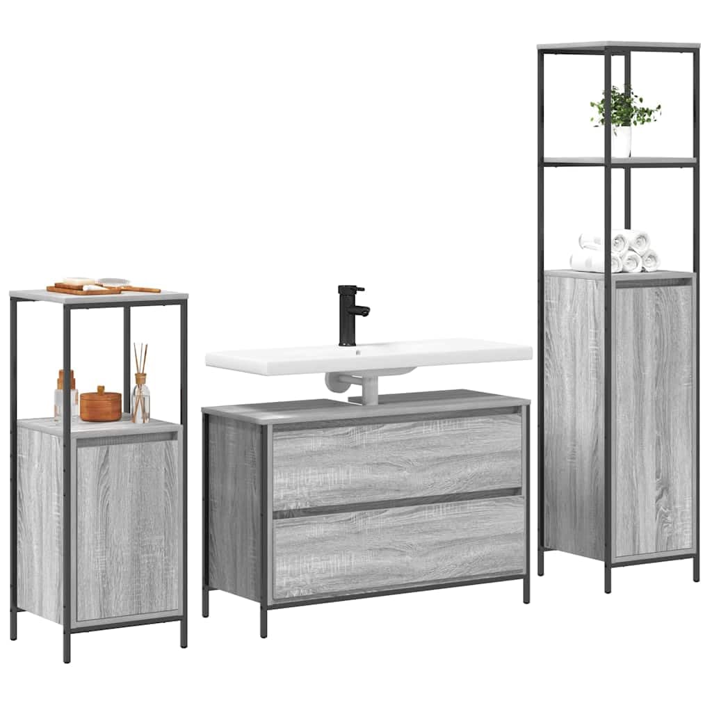 3-częściowy zestaw mebli łazienkowych z szarym materiałem drewnopochodnym Sonoma z półką i szufladą, 90 x 34,5 x 60 cm, szafka pod umywalkę, miejsce do przechowywania, meble łazienkowe, szafka