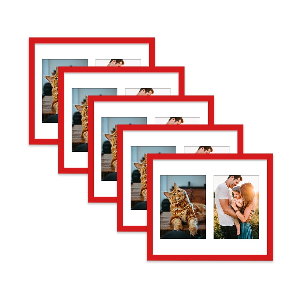 Red Multi Photo Frame - Holds 2 x 7x5 Pictures, Family Collage Picture Frame for Wall Display, 12x10 Frame size, Set of 5