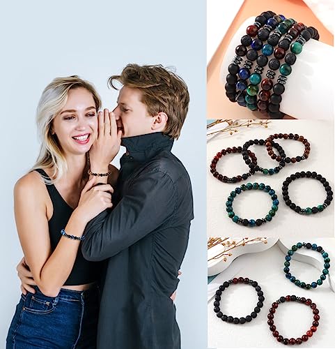 MOZAKA 12Pcs 8mm Natural Stone Lava Rock Beaded Bracelets for Men Women Tiger Eye Hematite Black Onyx Matte Beads Essential Oil Diffuser Lava Stone Bead Bracelets Bulk4