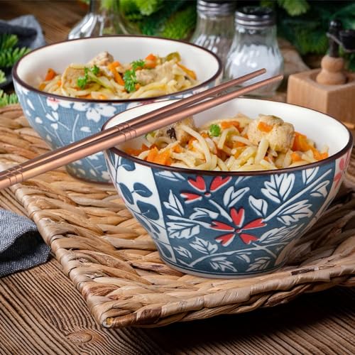 Image of YELONA Japanese Style Ceramic Bowls - 4.8 Inch (300ml), Set of 2 - Floral Design Rice /Noodle Bowls - Microwave & Dishwasher Safe, Ideal for Gifting Choice