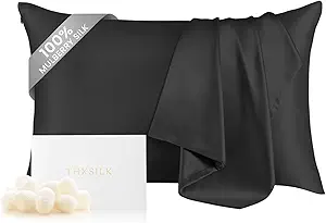 THXSILK Silk Pillowcase for Hair and Skin, 100% Mulberry Silk Grade 6A+ Silk Both Sides Bed Pillow Cover with Hidden Zipper, 1pc Hypoallergenic Pillowcase (King Size 20"x36", Black)