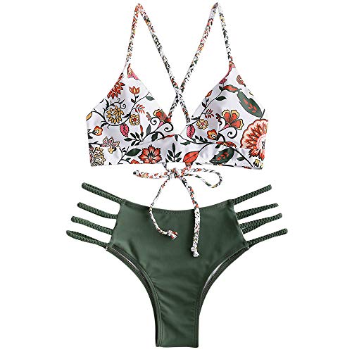 ZAFUL Women Braided Straps Lace Up Bikini Set Bralette Swimsuit Flower Bathing Suit (Floral Green, S)
