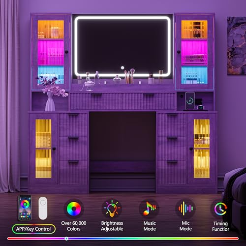 Image of Fluted Makeup Vanity Desk with Mirror and Lights, 55 inch Glass Top Vanity with 8 Drawers & 4 RGB Glass Cabinets, Adjustable Shelves & Power Outlet, Modern Dressing Table Set for Women Girls Bedroom