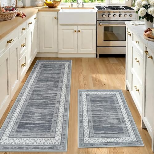 Kitchen Rugs Sets of 2-Non Slip Kitchen Mats for Floor-Thick Stain Resistant Kitchen Floor Mat Runner Carpet for Hallways Entryway Laundry Room Washable(Grey 50x80cm+50x120cm) - Image 4