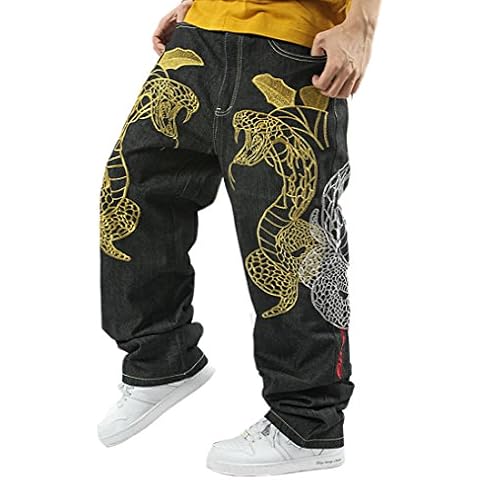 Sveizo Men's Fashion Embroidery Print Hip Hop Loose Jeans Baggy Jeans-34 Black Cover