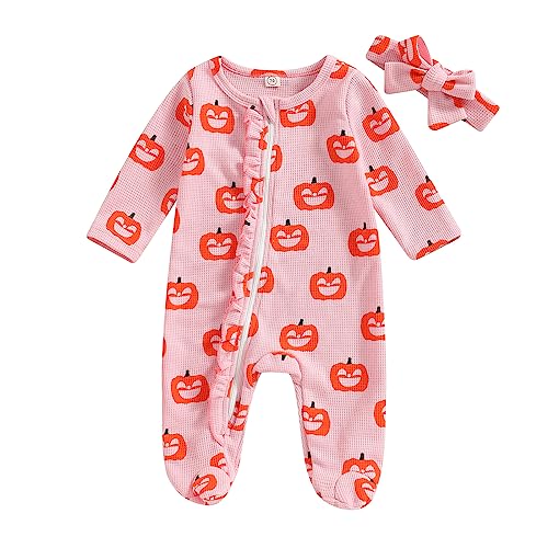 Image of BemeyourBBs Newborn Baby Girl Clothes Ruffle Baby Sleeper Zipper Footie Romper Playsuit with Headband Outfit