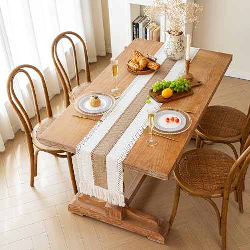 Image of FEXIA Boho Table Runner for Summer Home Coffee Decor with Tassels 72 Inches Long Farmhouse Rustic Table Runner Macrame Burlap Table Decoration for Kitchen Living Room Bridal Shower(12x72 Inches)