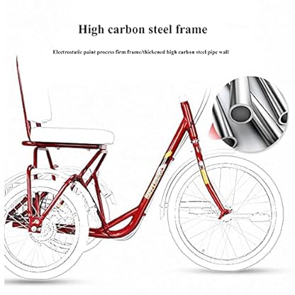 ZJZ Dreirad-Fahrrad-Rot-Trike-Fahrrad-Fahrrad mit Verstellbarer Rückenlehne Dreirad für Erwachsene zum Einkaufen 3-Rad-Fahrrad für Männer und Frauen – Bild 3