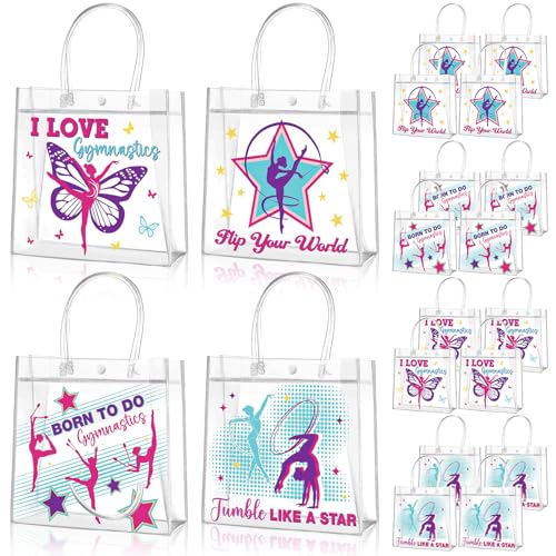 Aliceset 20 Pcs Gymnastics Clear Favor Bags With Handles Gymnastics Birthday Party Decorations Gymnast Gifts Bags for Team Coach Goodie Snack Candy 8x8x3.15 inches