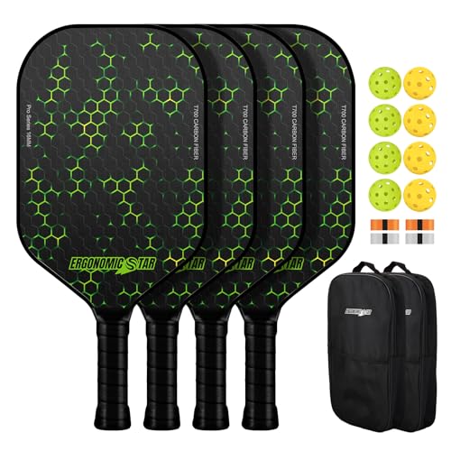 Ergonomicstar Pickleball Paddle Set of 4, T700 Carbon Fiber, 16mm Honeycomb Core, Lightweight, 8 Balls, 4 Grip Tapes, Carry Bag, Indoor Outdoor, Gift for Men Women(Green Texture)