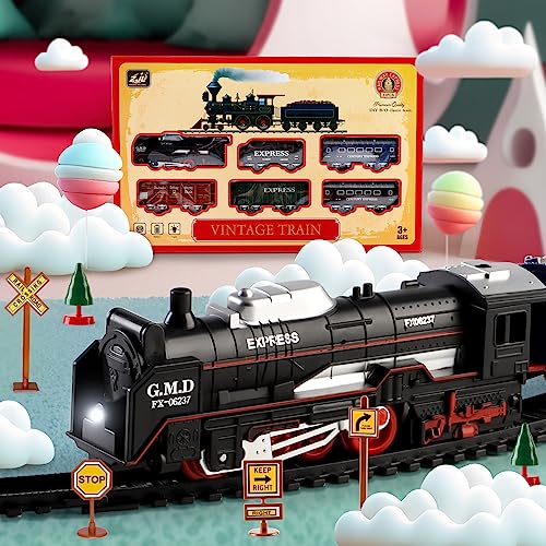 Image of deAO Train Set with Light for Kids, Cargo Cars and Long Track for Boys & Girls Aged 3-12, Train Toys Railway Kits with Signposts & Trees, Electric Train Race Track Playset,Great for Birthday & Xmas