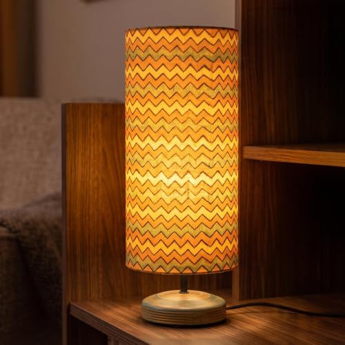Image of Amazon Basics Tarang Zigzag Table Lamp | Hand-Painted Mango Wood Base with Printed Polyester Shade | E14 Holder | Decorative Night Lamp for Bedroom, Living Room & Study Room | Home Decor Gift