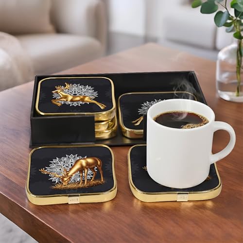 Image of Goelite Stylist Modern Wooden Coasters with Golden Border, Set of 6 with Stand, Handmade for Tea Cups, Coffee Mugs, Beer Mugs, 10 x 10 cm (Deer Pattern)