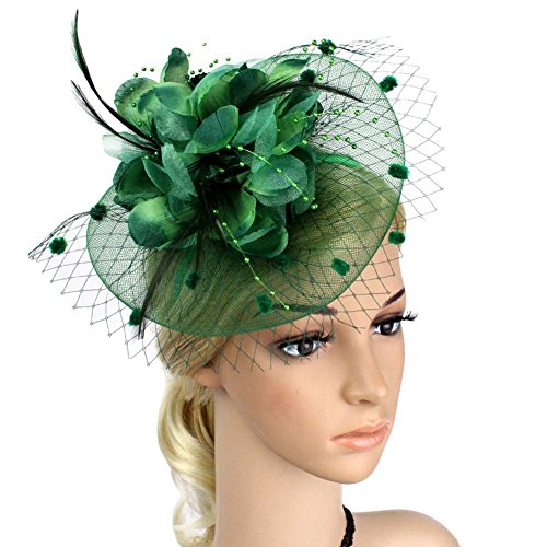 Actlati Fascinators Hat For Women Tea Party Headband Wedding Cocktail Flower Mesh Feathers Hair Clip 20S Flapper Headpiece,Dark Green #TOP7