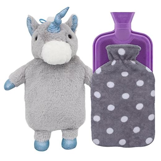 HomeTop Premium Classic Rubber Hot Water Bottle with Cute Unicorn Cover and Soft Fleece Cover (Gray Unicorn + Gray Polka Dot/Purple)