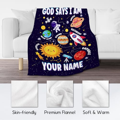 Custom Planet Blanket, Cozy Soft Throw Gifts for Boys, 40x50 Inch Cute Flannel Blanket for Planet Lovers, God Says I Am Throw Blankets for Couch Sofa
