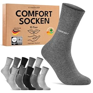 sockenkauf24 Comfort Socken ohne Gummibund & ohne Naht für Damen & Herren (10 Paar) Gesundheitssocken ohne Gummi mit Komfortbund 70209T (Schwarz Grau 43-46)
