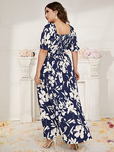 MakeMeChic Women's Plus Size Boho Floral Maxi Dress Curvy Short Sleeve Shirred Squared Neck Flomal Long Dress2