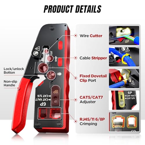 RJ45 Crimp Tool Pass Through, All-in-One Ethernet Crimper Cutter Stripper - image 2