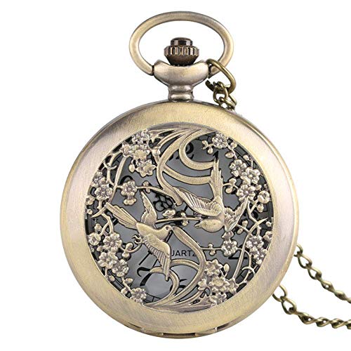 SHKUU Klassische Taschenuhr Retro Quarzuhr Männer Frauen Half Hunter Elster Gute Bronze Unisex Steampunk Anhänger Geschenk Neckalce Geburtstag Cover