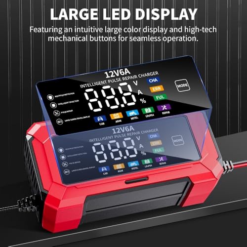 Image of Ash & Roh 12V 6A Smart Pulse Repair Car Battery Charger with Digital LED Display - Automatic Charging for Lead-Acid, AGM, Gel & EFB Batteries (Not for Lithium Batteries)