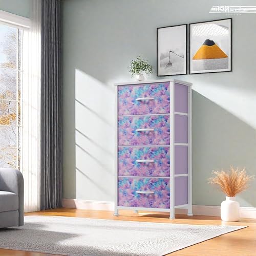GOOBED Dresser with 4 Drawers - Storage Tower Unit, Dresser for Room, Living Room, Closets - Sturdy Steel Frame, Wooden Top & Easy Pull Fabric Bins, Tie-dye Purple