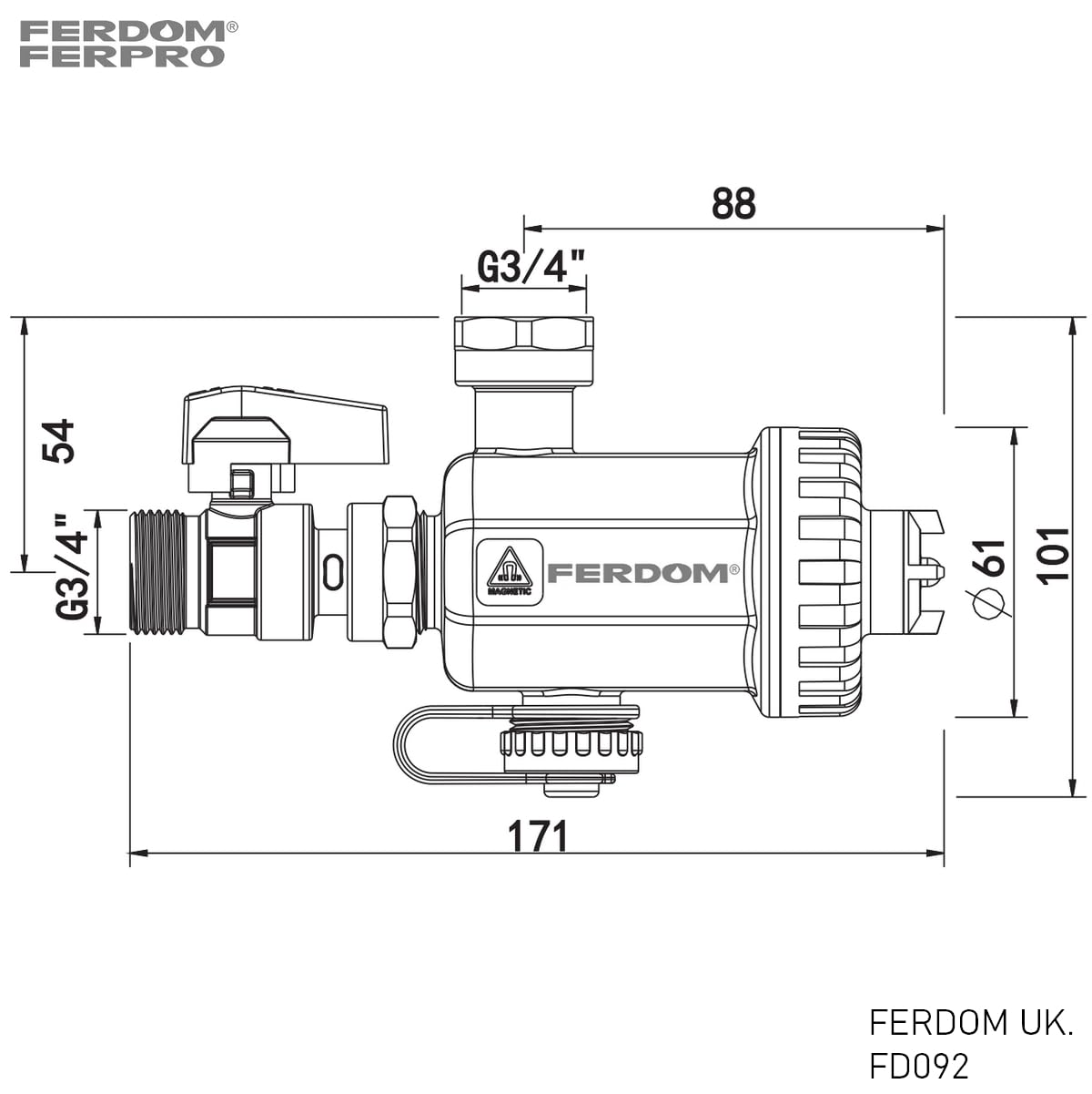 FERDOM FD092 SMART 3/4" Filtro Magnetico Per Sistemi Di Riscaldamento e Solari. Magnete al Neodimio 9000 Gs. Con Separatore di Sporcizia Non Magnetiche, Maglia 500 Mic. Per Caldaie Murali Max.24 kW