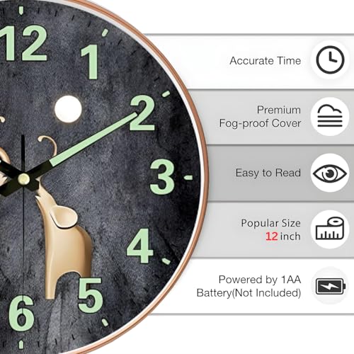 Image of Ash & Roh Radium Glow Wall Clock, 12 Inch Night Light Wall Clock Silent Non-Ticking, Battery Operated Wall Clocks for Living Room Kitchen Office Bedroom, (Radium Elephant)