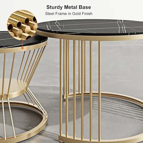 Image of Furniture Cafe Luxury Round Nesting Coffee Table Set of 2 with Black Marble Finish Top & Gold Metal Base | Modern Center Tables for Living Room, Lounge, Bedroom & Office