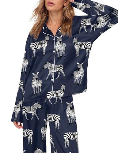 Image of SHESHOW Satin Pajamas Set for Women Set Long Sleeve Button Down Pjs Sets 2 Piece Loungewear Animal Sleepwear XS-XXL