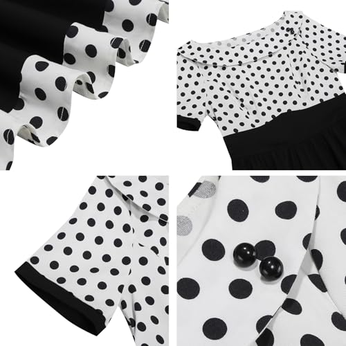 Image of Women's Boat Neck Polka Dot Cocktail Midi Dress Vintage Retro 1950s Style Swing Tea Length Wedding Guest Party Dresses