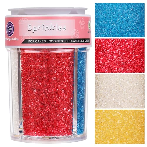 Red White and Blue Sprinkles Sanding Sugar for Cake Decorating, 4th of July Sprinkles 4 Colors Sparkling Decorating Coarse Sugar Crystals for Cupcakes Cookie Ice Cream Baking Topping