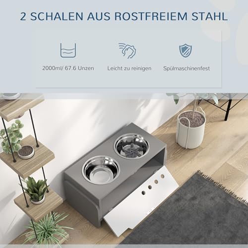 PawHut Erhöhter Hundenapf Höhenverstellbar Futternapf mit Stauraum Wassernapf 2 x 2000ml Edelstahlnäpfen Langsamfutternapf verstellbar Fressnapf Futterstation für Große Hunde Katzen Grau