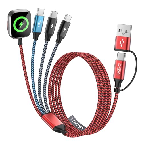 Image of Travel Essentials 4in2 Multi Charging Cable for iPhone Watch Charger,USB A /C to 3 Type C /iWatch Charger,Charging Cables for Multiple Devices Compatible with iWatch 11-1 /Ultra /SE&iPhone 17-12 5FT