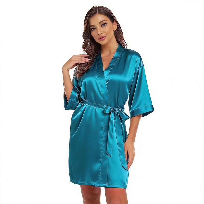 Image of Women's Bride Bridesmaid Robes Short Satin One Size Silver Rhinestones Wedding Party Getting Ready Sleepwear
