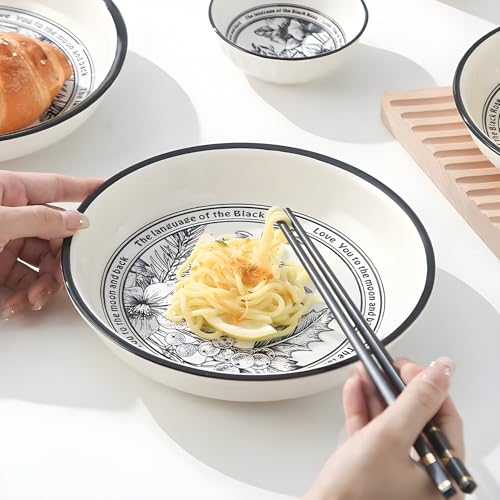 Image of Ceramic Dinner Plates Set of 4, 20.5 cm Black & White Floral Printed Plates, 4 cm Deep, Premium Tableware for Dining, Snacks, Desserts & Everyday Use (Black & White Floral, Pack of 4)