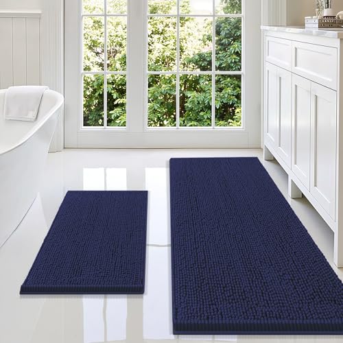 Image of Smiry Bathroom Rugs Sets 2 Piece, Soft Absorbent Chenille Machine Washable Non Slip Shaggy Bath Rug Set for Tub, Shower, and Floor (59x20+24x16, Navy Blue)