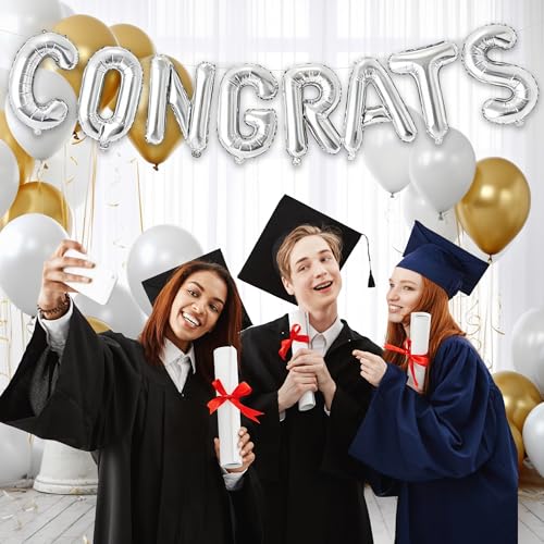 Image of Congrats Balloons, Graduation, Wedding, Bridal Party Supplies Decorations, Silver, 16 Inch