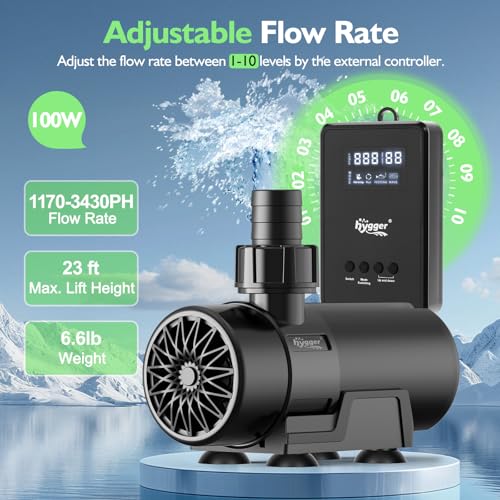 Image of hygger 15W-100W Water Pump with Controller (Up to 3430GPH), Submersible /Inline Return Pump with Adjustable Mode /Flow, 2 Fountain Pump with 2 Inlet Cover and 3 Nozzles, for Fish Tank, Pond, Aquarium