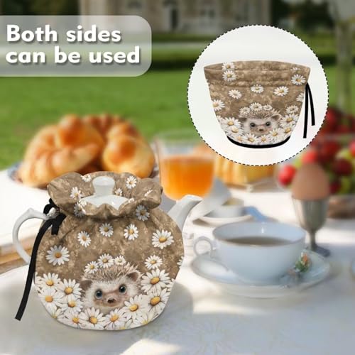 Image of Tea Cozy for Teapot Hedgehog Daisy Print Tea Kettle Dust Cover Keep Warm Breakfast Warmer with Drawstring Kitchen Decorations