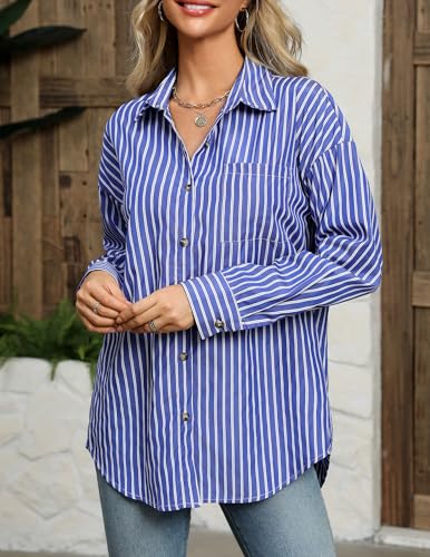 HOTOUCH Women's Striped Button Down Shirts Casual Long Sleeve Boyfriend Loose Collared Blouses Tops4