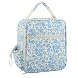 Sariiraw Insulated Lunch Bag for Adults Quilted Floral Cotton Tote Large Capacity Reusable Cooler for Work Travel Picnic (Blue)